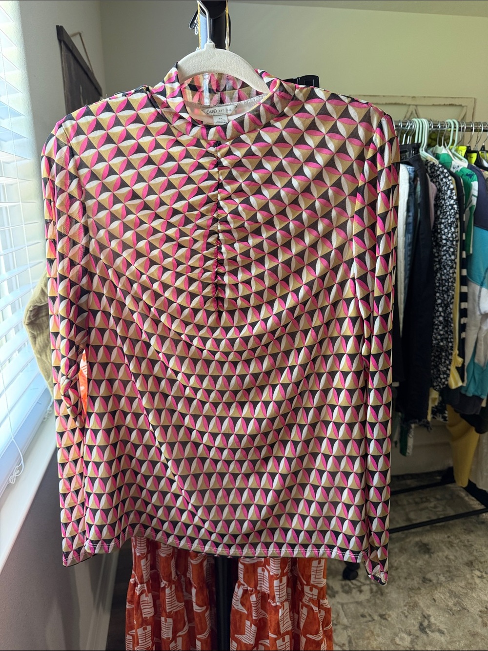 Printed Long Sleeve Mesh Blouse - Pink Geometric